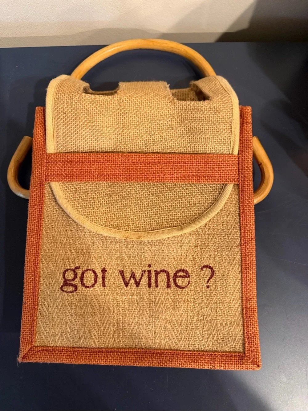 Rust Accent Jute Double Wine Tote Bag - got wine?